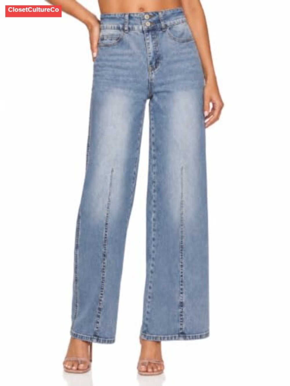 Womens High Waisted Wide Leg Jeans Double Button Front Seam Denim Pants